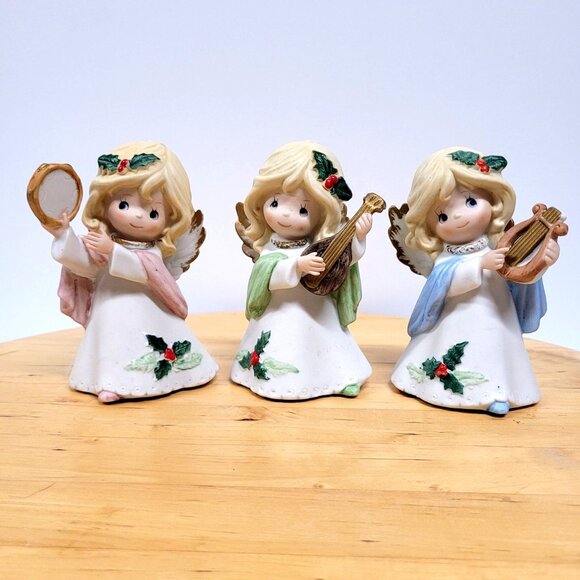 Homco Bisque Christmas Set 3 Musical Angels Music Tambourine Harp Lyre 5612 - Picture 1 of 6